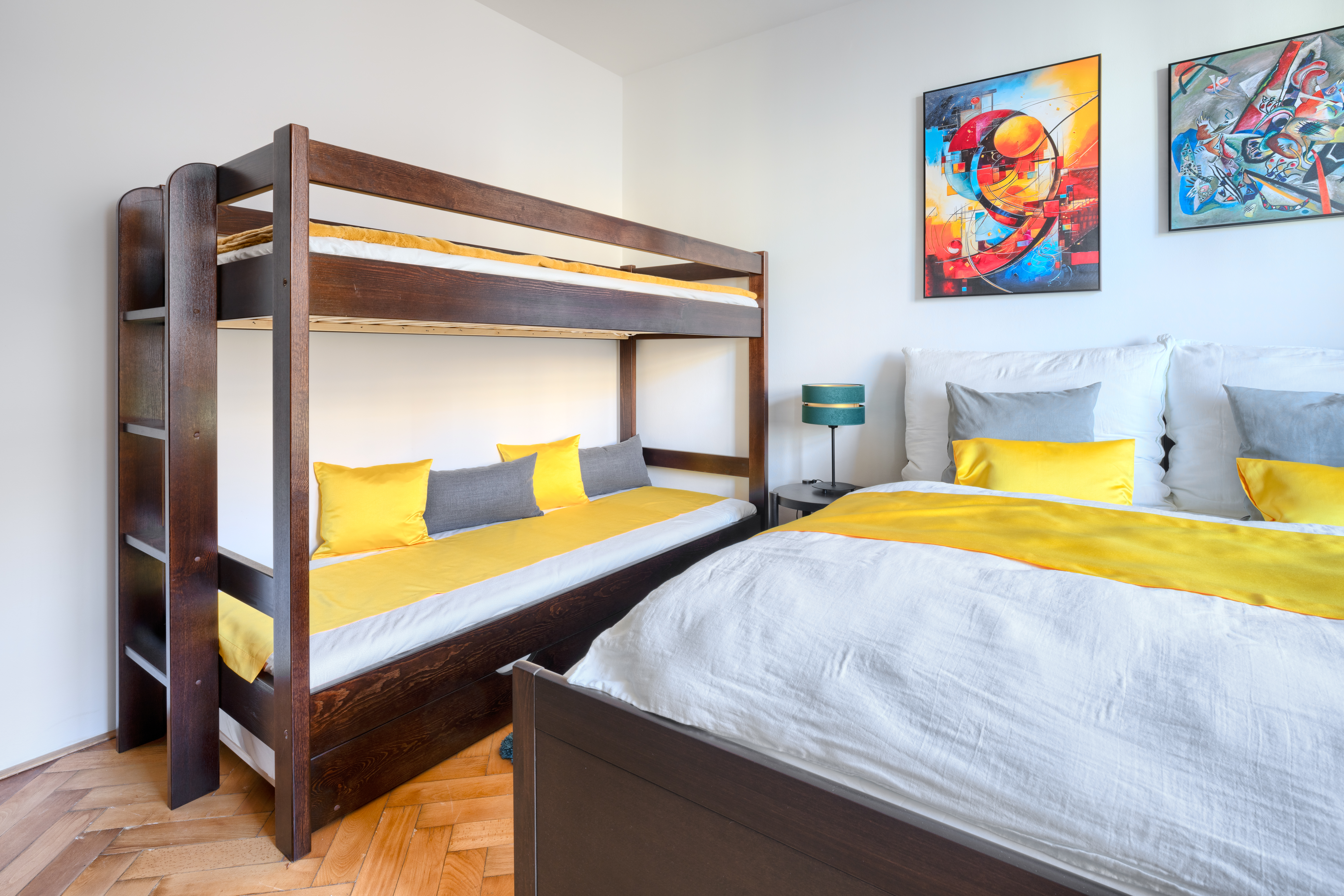 The bedroom's built-in storage and cozy atmosphere