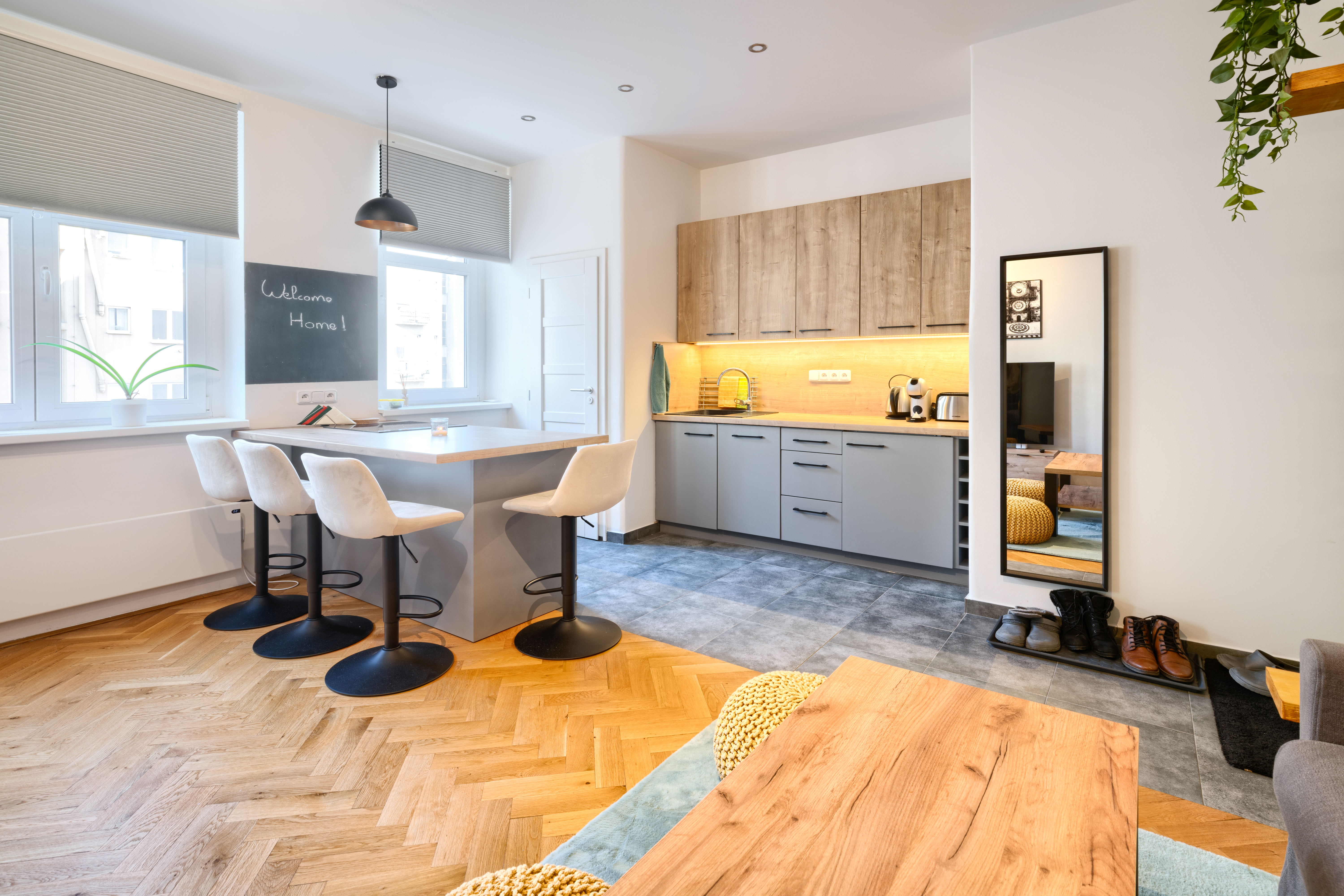 The modern kitchen with its high-end appliances and ample counter space