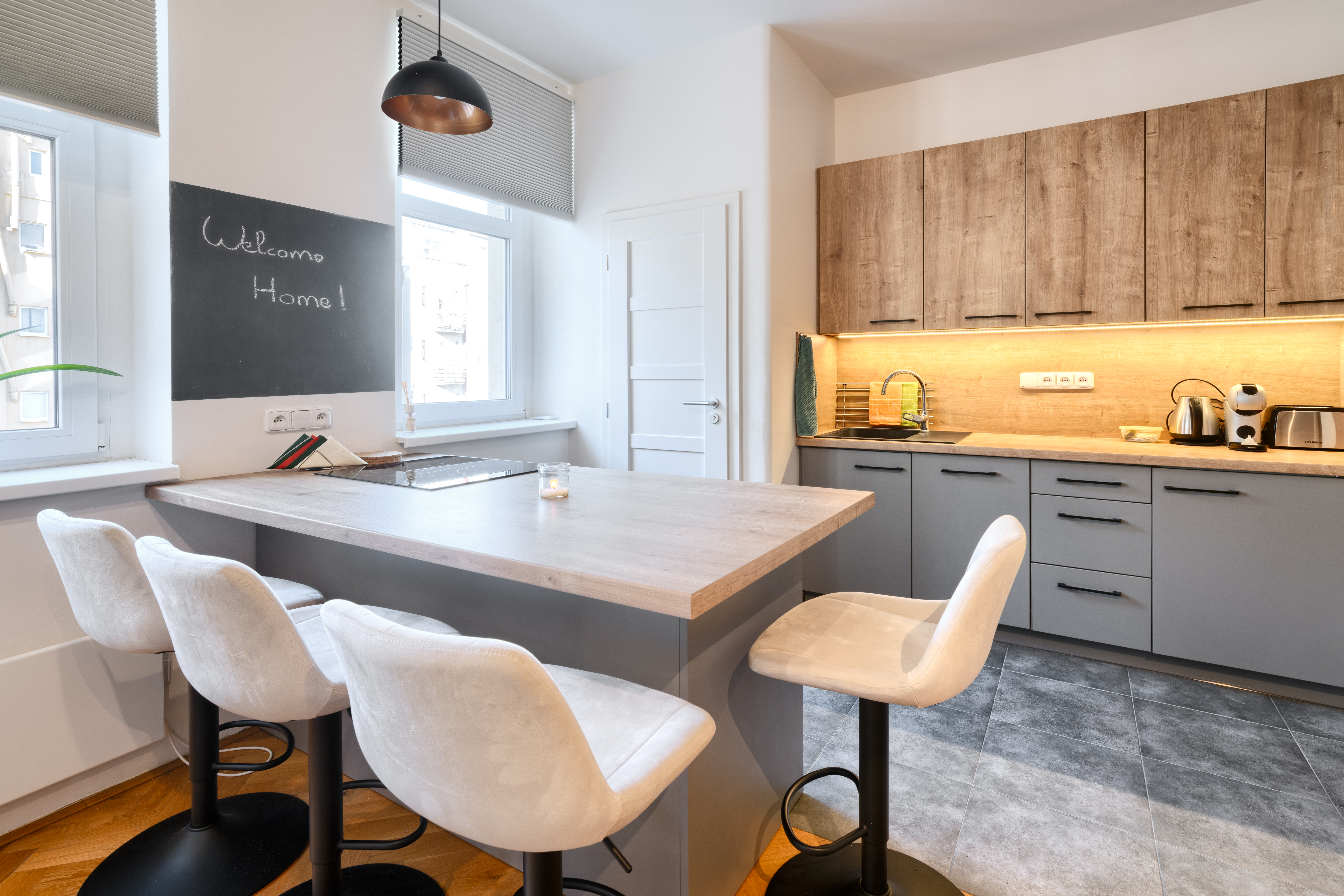 The kitchen's dining area with its city views